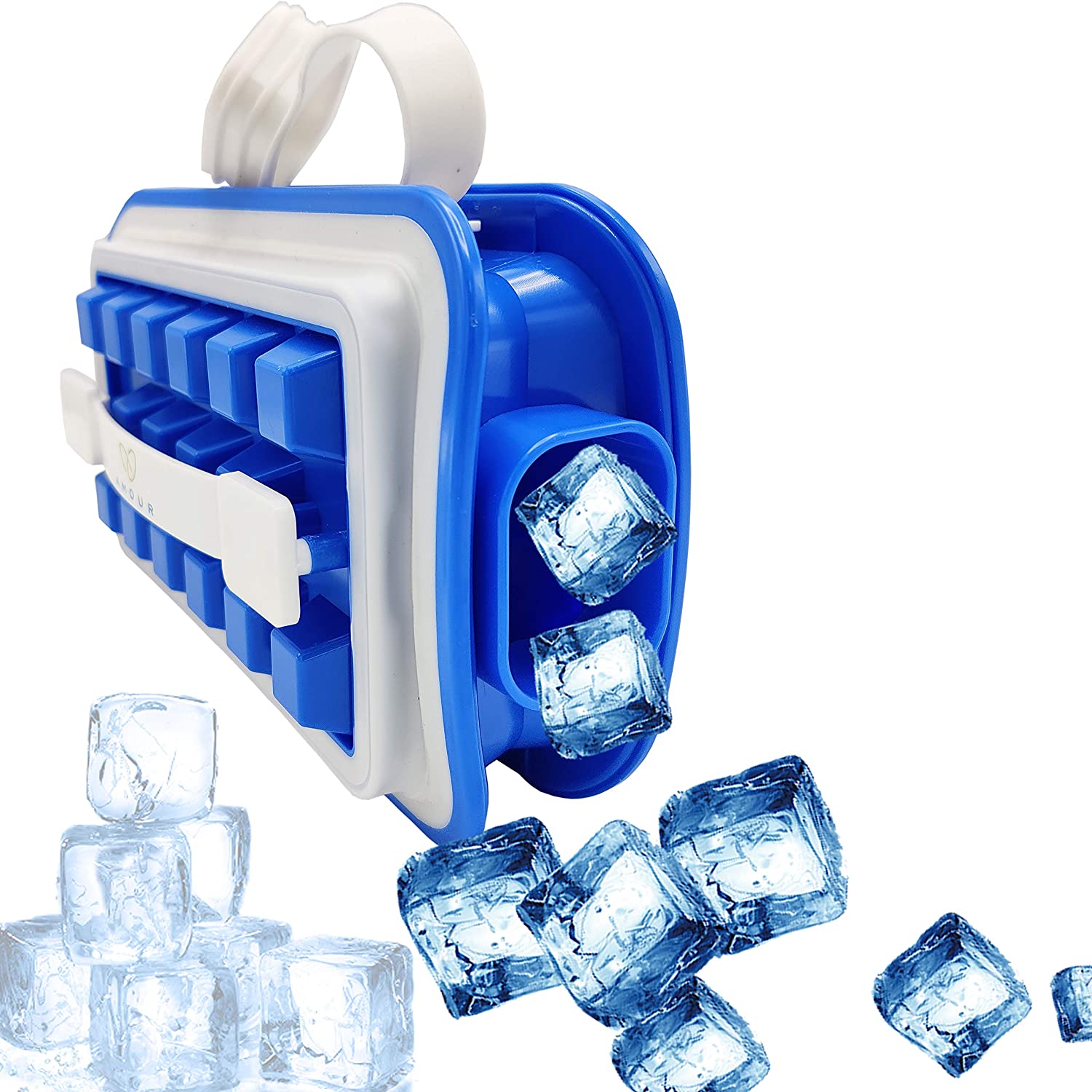 Amour POP Ice Maker - Innovative Cube Tray Mold - Ice Maker, Storage Container, Dispenser - Ultra-Portable, Insulated to Limit Melting, Non-BPA - Makes 18 Large Frozen Cubes - Sapphire Blue Color