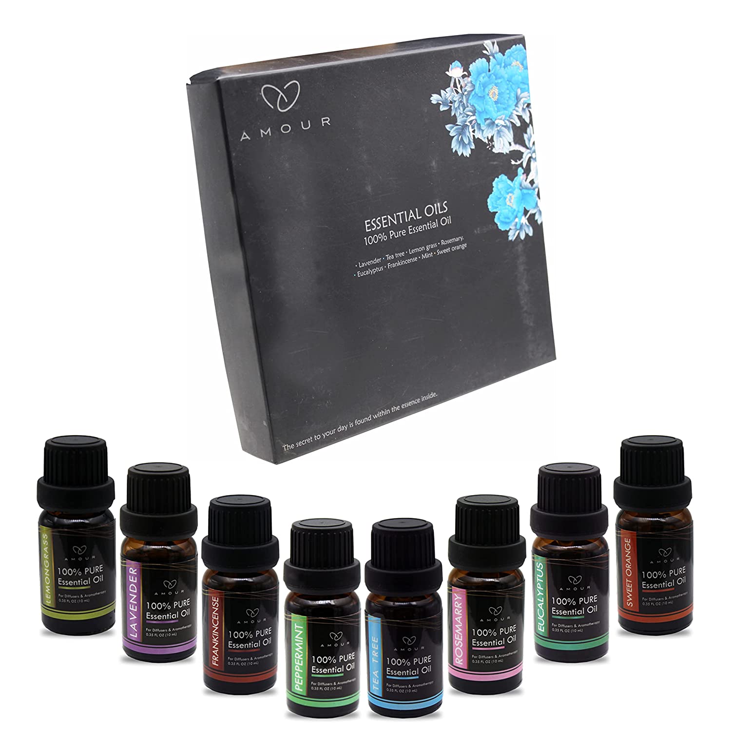 Amour 8 Piece Essential Oil Set, Top Essential Oils For Aromatherapy Diffuser With Gift Packing