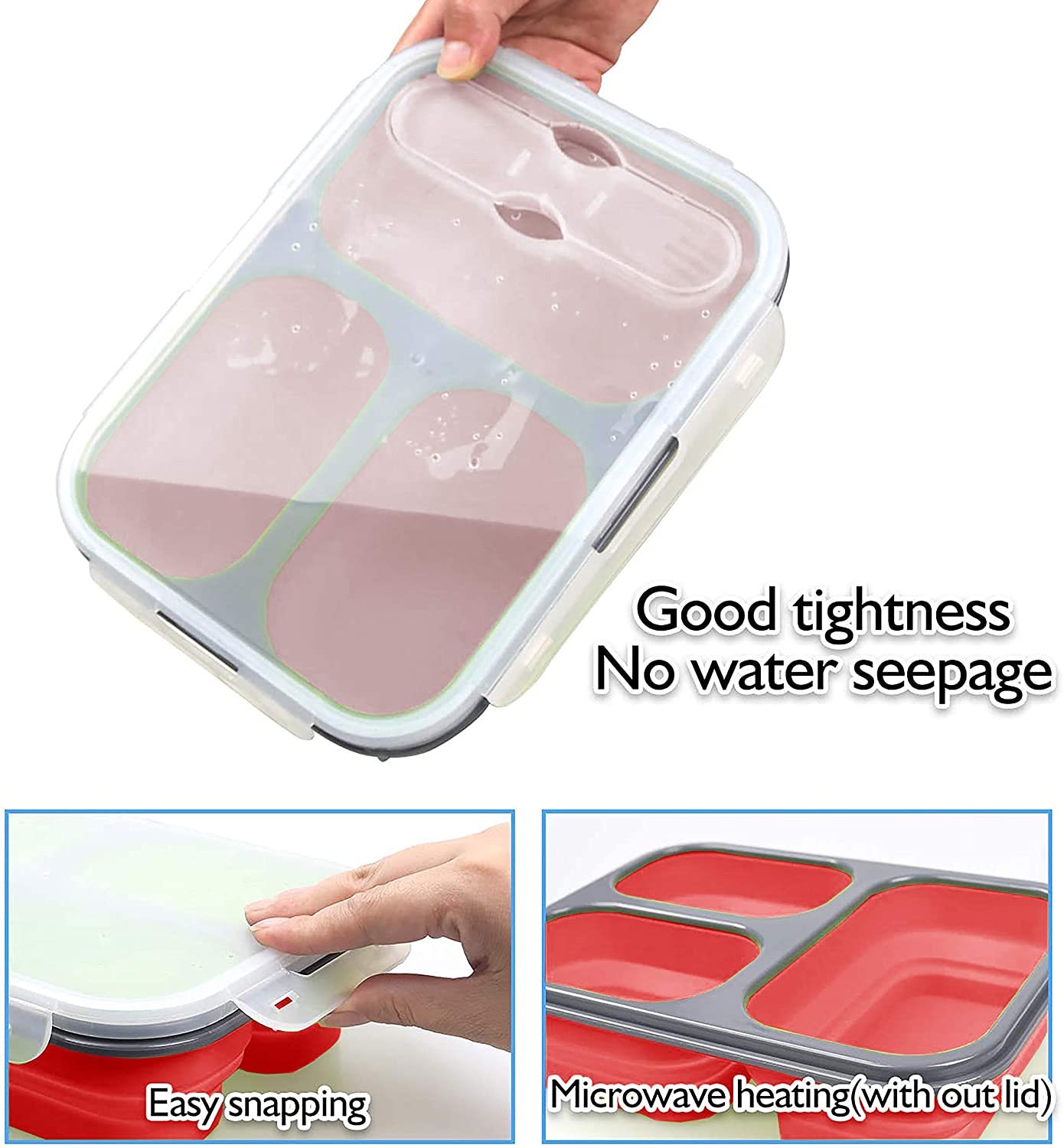 lunch box; expandable lunch box; collapsible lunch box; 3 compartment lunch box