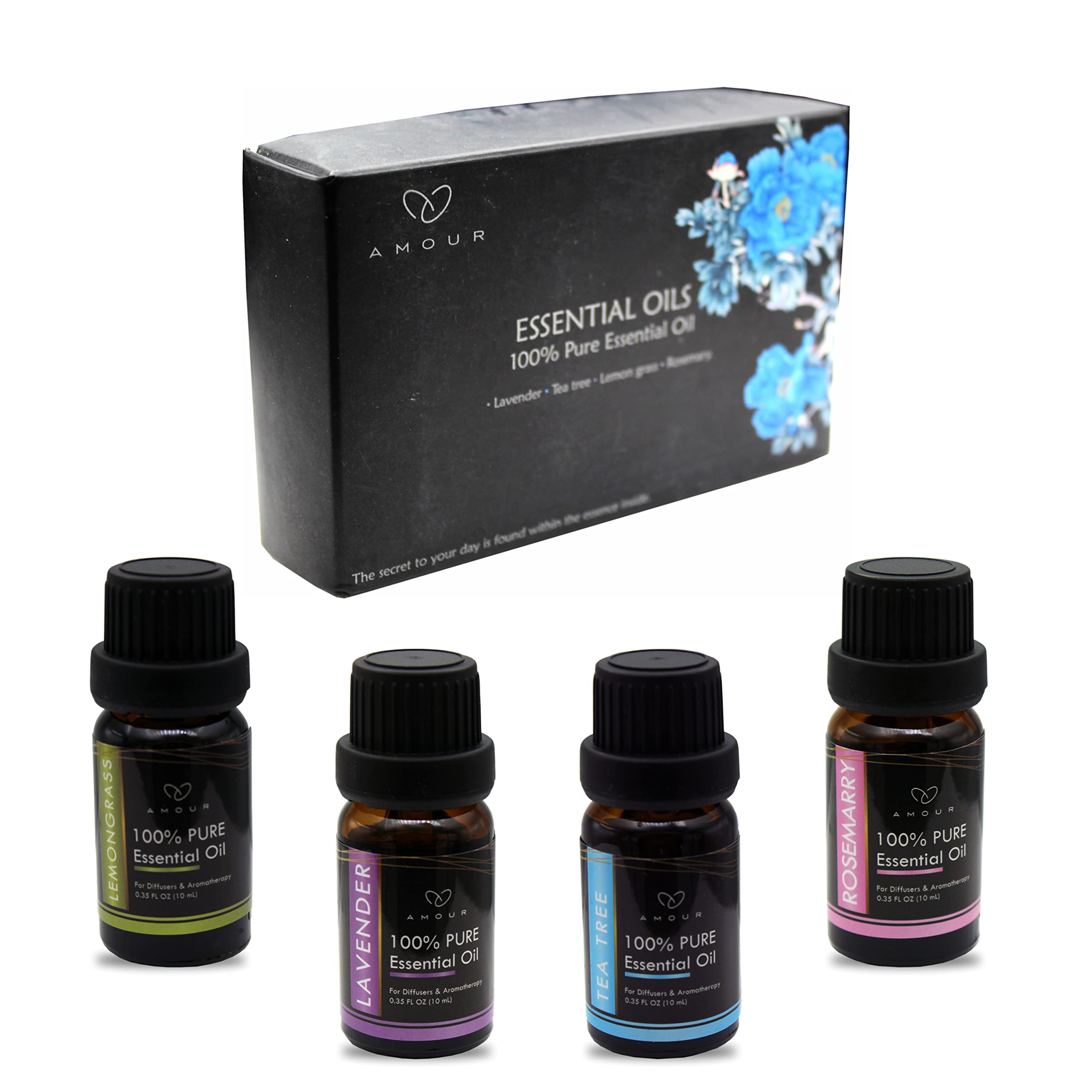 Amour 4 Piece Essential Oil Set, Top Essential Oils For Aromatherapy Diffuser With Gift Packing
