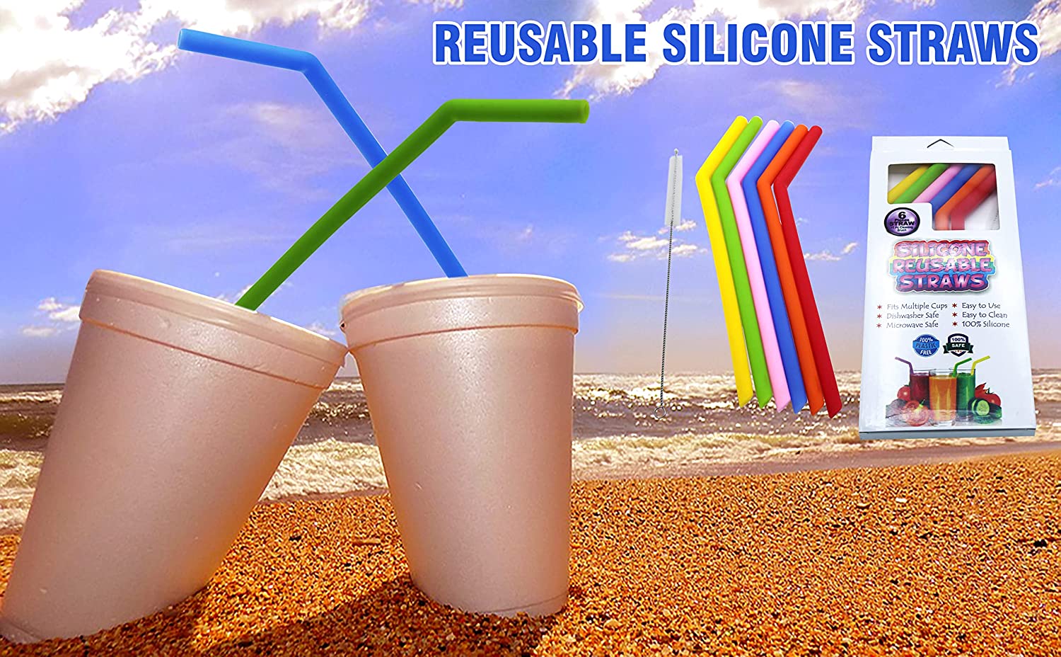 Reusable Smoothie Straws, 12” Extra Long Flexible Silicone