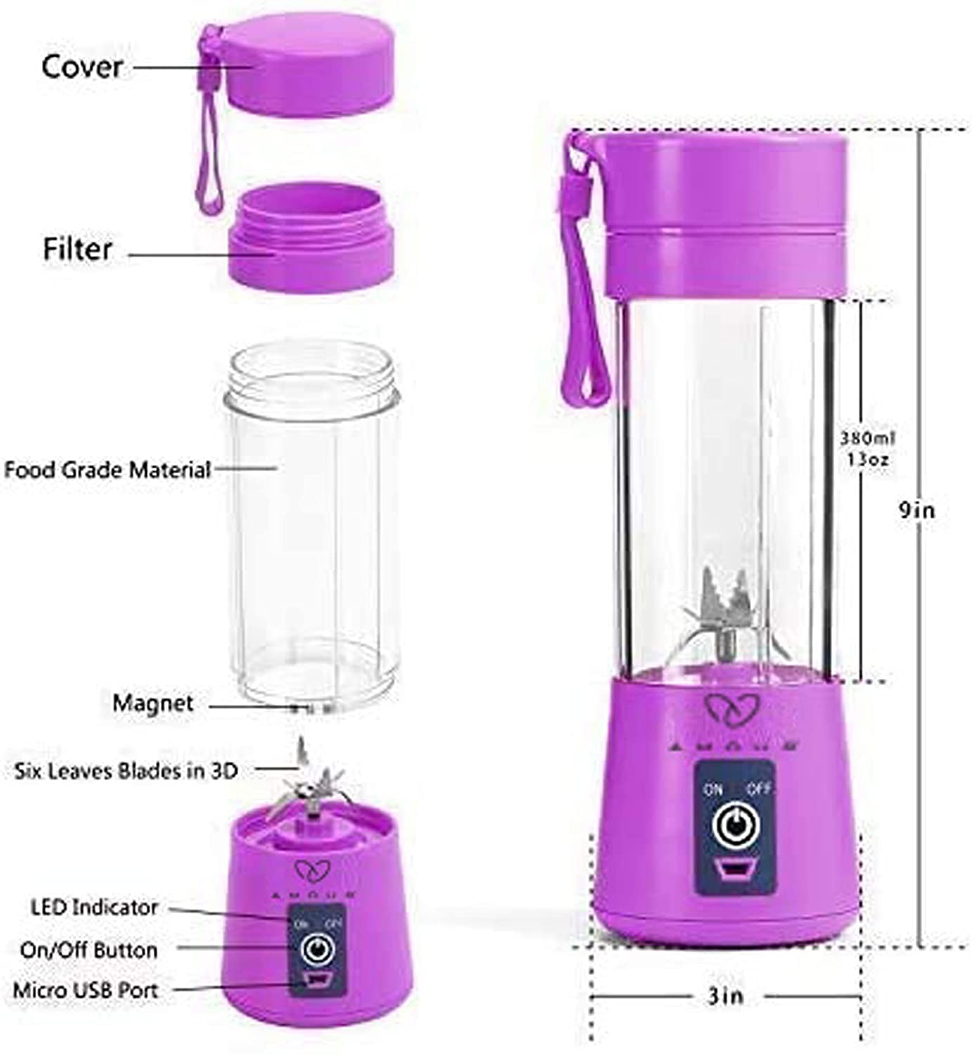 One 3.7v Mini Portable Blender With Straw, Usb Rechargeable Juicer Cup, Six  Blades 304 Stainless Steel For Home And Outdoor Use
