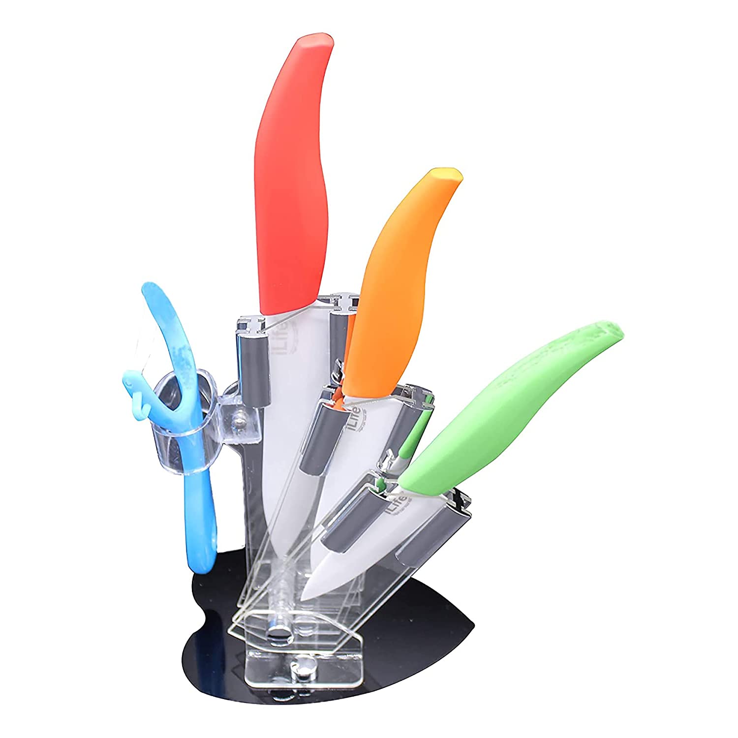 iLife Ceramic Kitchen  Set, 5-Piece Kitchen Cutlery Block  Sets with Fruit Peeler & an Acrylic Stand (Multi Color)