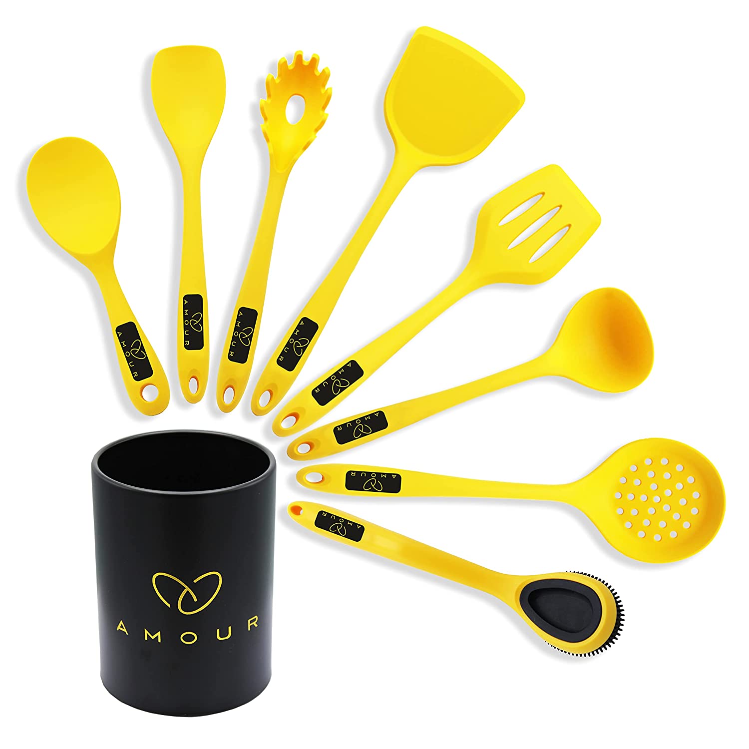 Amour Ultra Premium Silicon Kitchen Utensil 9 Piece Set, Silicone Cooking Utensil Set, Kitchen Gadgets Cookware Set, Best Gift - Kitchen Tool Set (Yellow)