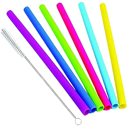 iLife Reusable Smoothie Straws Long Extra Wide Fat Silicone Straws for Drinking Bubble Tea, Milkshakes, Set of 6 with Cleaning Brush (Small)