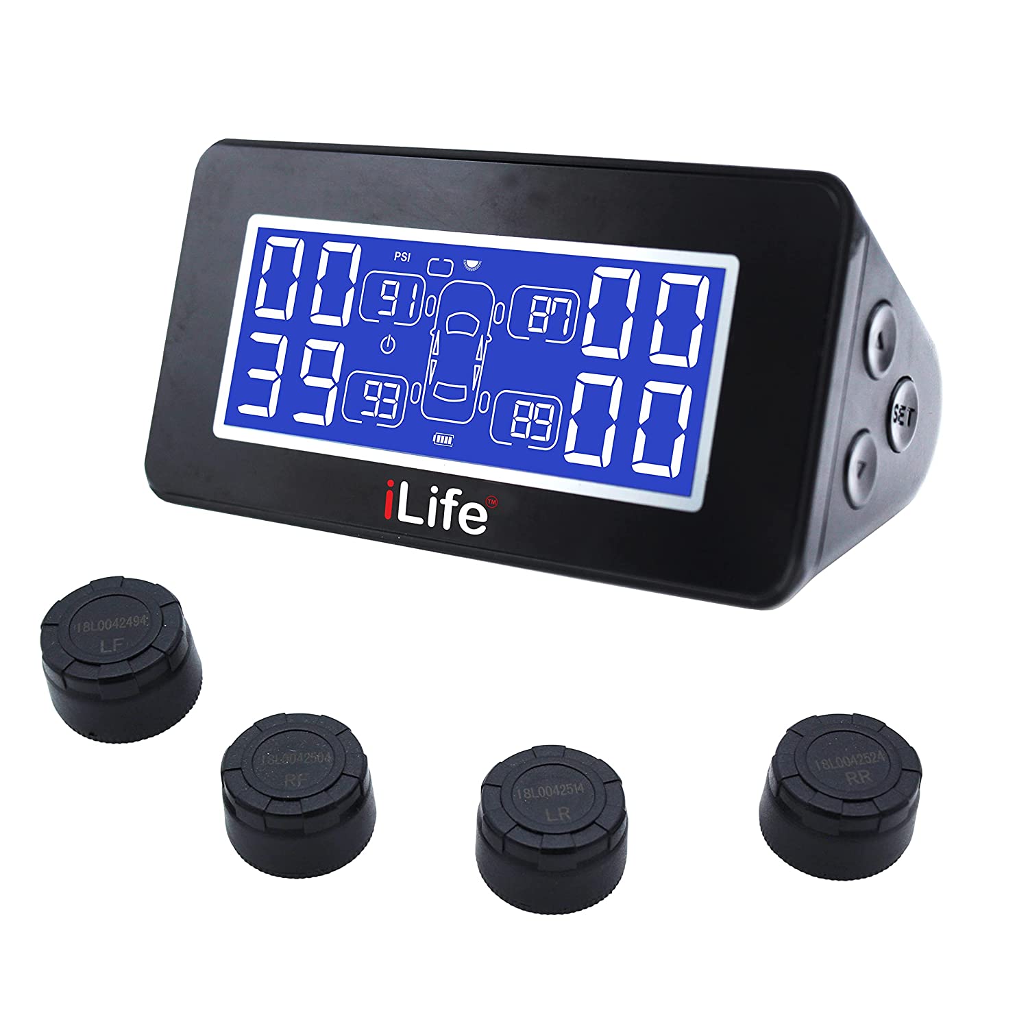 iLife Universal Solar TPMS, Wireless Tire Pressure Monitoring System with 4 DIY External Cap Sensors(0-6Bar/0-87Psi), Real-time Display 4 Tires' Pressure and Temperature